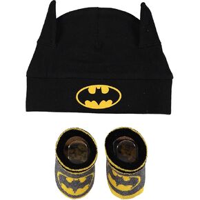 DC Comics Batman Infant Boys Baby Beanie Hat and Baby Booties Socks Gift Set 0-12 Months