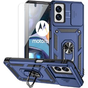 for Motorola Moto G Power 5G 2024 Case with Camera Lens Cover HD Screen Protector, Dual Layer Military-Grade Drop Tested Magnetic Ring Holder Kickstand Protective Phone Case (Navy Blue)
