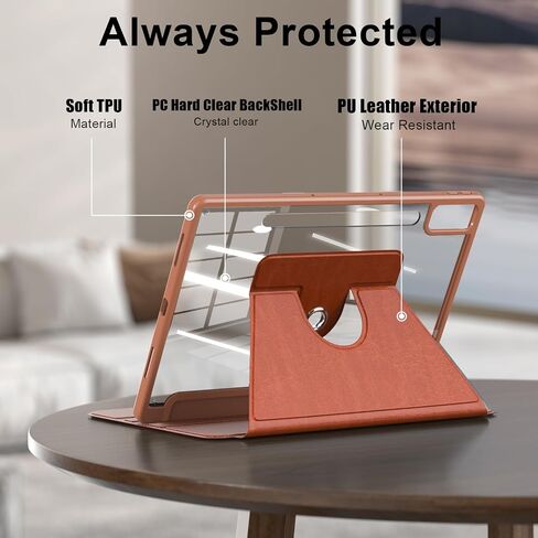 Case for Lenovo Tab P12 (2024) 12.7",with Hand Pen Holder, Clear Transparent Hard PC Back,360° Adjustable Swivel Cover Lenovo Tab p12 12.7inch 2023 Tablet, Auto Sleep/Wake,Brown in Kuwait