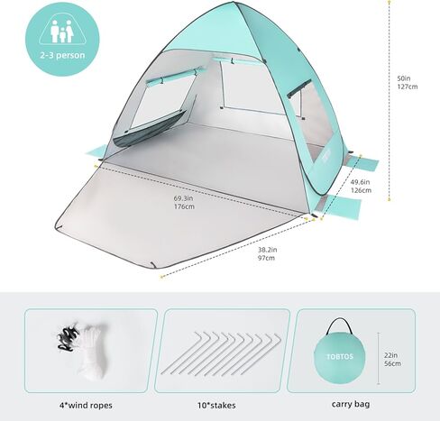 TOBTOS Beach Tent Sun Shelter with UPF50+ Protection, 11.5' x 10.5' Beach Canopy Fit 4-6 Person, Outddor Camping Sun Shade with 6 Sandbags for Beach, Backyard, Picnic in Kuwait