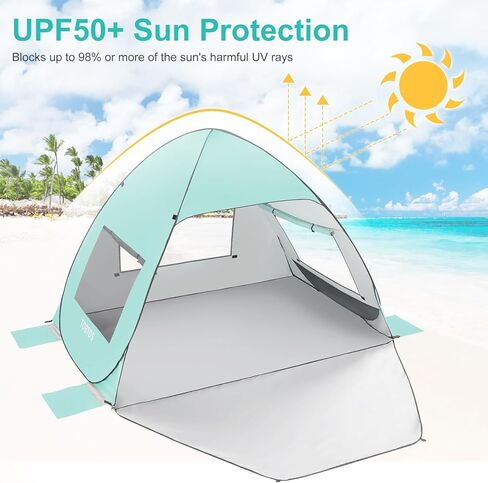 TOBTOS Beach Tent Sun Shelter with UPF50+ Protection, 11.5' x 10.5' Beach Canopy Fit 4-6 Person, Outddor Camping Sun Shade with 6 Sandbags for Beach, Backyard, Picnic in Kuwait
