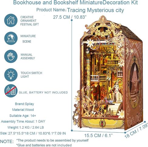 Spilay DIY Bookshelf Kit, DIY Dollhouse Bookshelf, Bookshelf Built-In Decorative Alley, Bookstop Model Maker Kit with LED Lights, Music Box, Birthday, Christmas and Valentine's Day Craft Gifts JTSL-11 in Saudi Arabia