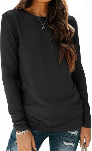 ATHMILE إمرأة كم طويل رقبة مستديرة قمصان الأساسية المحملة رداء علوي غير رسمي الخريف العصرية تونك وتتسابق المجهزة تي شيرت in Kuwait