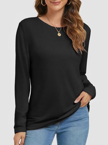 ATHMILE إمرأة كم طويل رقبة مستديرة قمصان الأساسية المحملة رداء علوي غير رسمي الخريف العصرية تونك وتتسابق المجهزة تي شيرت in Kuwait