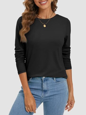 ATHMILE إمرأة كم طويل رقبة مستديرة قمصان الأساسية المحملة رداء علوي غير رسمي الخريف العصرية تونك وتتسابق المجهزة تي شيرت in Kuwait