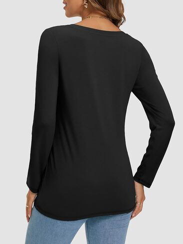 ATHMILE إمرأة كم طويل رقبة مستديرة قمصان الأساسية المحملة رداء علوي غير رسمي الخريف العصرية تونك وتتسابق المجهزة تي شيرت in Kuwait