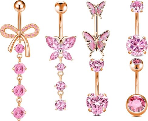 5pcs Pink Belly Buton Ring 14G Clicker Belly Button Ring Surgical Stainless Steel Belly Button Rings for Women Heart Belly Ring Pack Piercing Jewelry in Saudi Arabia