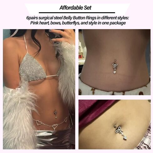 5pcs Pink Belly Buton Ring 14G Clicker Belly Button Ring Surgical Stainless Steel Belly Button Rings for Women Heart Belly Ring Pack Piercing Jewelry in Saudi Arabia