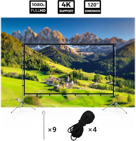 Projector Screen Outdoor, Vamvo Projector Screen with Stand Portable 120" Foldable Projector Screen, 10 Feet Indoor Movie Screen with Carrying Bag for Home Theater Backyard Movie Night in Kuwait