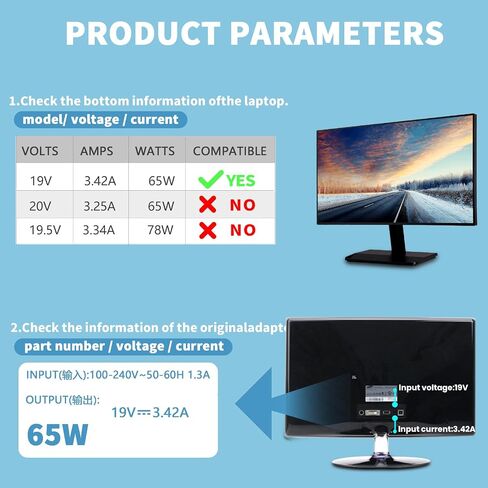 سلك الطاقة لشاشة Acer LCD S202HL SA230 S230HL H236HL G246HL G276HL G206HQL S271HL S220HQL S240HL G236HL S231HL S232HL S241HL G226HQL H226HQL H276HL HN274H محول تيار متردد 65 وات in Saudi Arabia