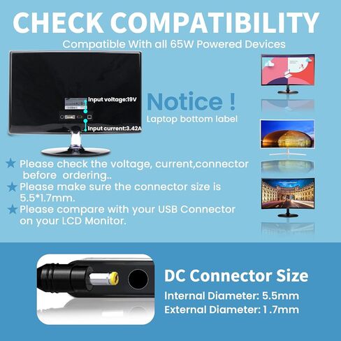 سلك الطاقة لشاشة Acer LCD S202HL SA230 S230HL H236HL G246HL G276HL G206HQL S271HL S220HQL S240HL G236HL S231HL S232HL S241HL G226HQL H226HQL H276HL HN274H محول تيار متردد 65 وات in Saudi Arabia
