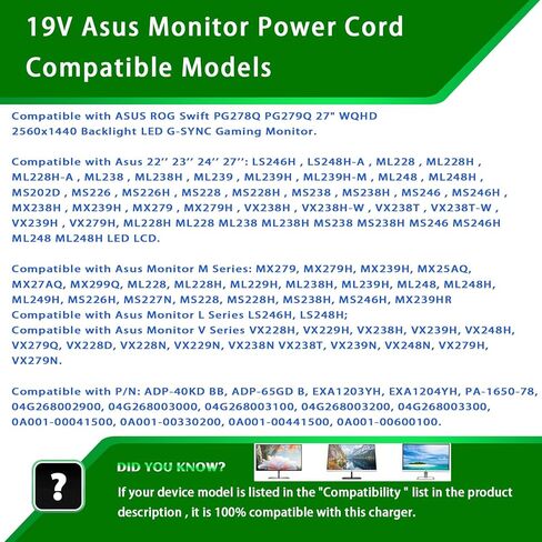 شاشة إمداد الطاقة لشاشة Asus 22 بوصة 23 بوصة 24 بوصة 27 بوصة VX238H VX238H-W VX228 VX228H VX248 VX248H شاشة الألعاب MX279H VX239H VX279H MX239H LS246H سلك شاحن إمداد الطاقة 19 فولت. in Kuwait