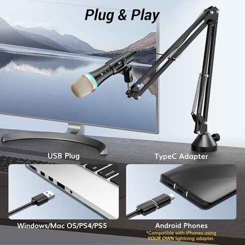 TONOR USB/Type C Dynamic Microphone for PC, RGB Podcast Computer Gaming Mic with Boom Arm for Recording, Live, Streaming, YouTube, Singing, Studio,Karaoke Microfono with Quick Mute Button Pink in Saudi Arabia