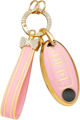 غطاء PIFOOG Key Fob لنيسان 5 أزرار باللون الأرجواني مع سلسلة مفاتيح بلينغ جرلي لمفاتيح السيارة غطاء كامل أغطية حماية ملحقات لألتيما سينترا روج ماكسيما أرمادا مورانو باثفايندر فيرسا تي بي يو للنساء in Kuwait