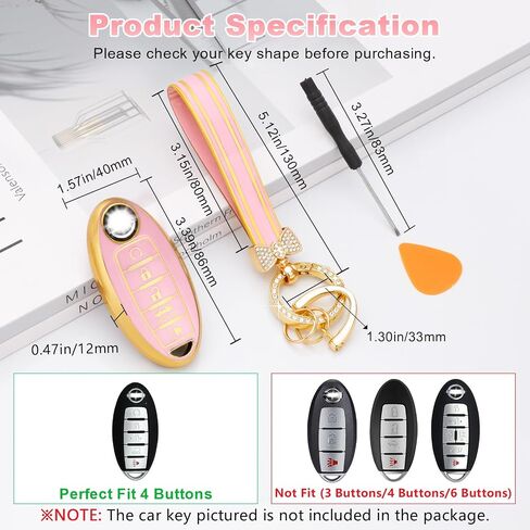 غطاء PIFOOG Key Fob لنيسان 5 أزرار باللون الأرجواني مع سلسلة مفاتيح بلينغ جرلي لمفاتيح السيارة غطاء كامل أغطية حماية ملحقات لألتيما سينترا روج ماكسيما أرمادا مورانو باثفايندر فيرسا تي بي يو للنساء in Kuwait