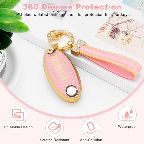 غطاء PIFOOG Key Fob لنيسان 5 أزرار باللون الأرجواني مع سلسلة مفاتيح بلينغ جرلي لمفاتيح السيارة غطاء كامل أغطية حماية ملحقات لألتيما سينترا روج ماكسيما أرمادا مورانو باثفايندر فيرسا تي بي يو للنساء in Kuwait