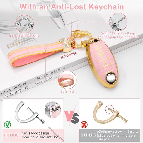 غطاء PIFOOG Key Fob لنيسان 5 أزرار باللون الأرجواني مع سلسلة مفاتيح بلينغ جرلي لمفاتيح السيارة غطاء كامل أغطية حماية ملحقات لألتيما سينترا روج ماكسيما أرمادا مورانو باثفايندر فيرسا تي بي يو للنساء in Kuwait