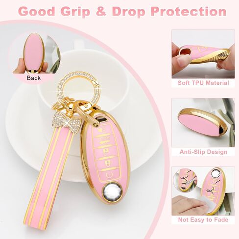 غطاء PIFOOG Key Fob لنيسان 5 أزرار باللون الأرجواني مع سلسلة مفاتيح بلينغ جرلي لمفاتيح السيارة غطاء كامل أغطية حماية ملحقات لألتيما سينترا روج ماكسيما أرمادا مورانو باثفايندر فيرسا تي بي يو للنساء in Kuwait