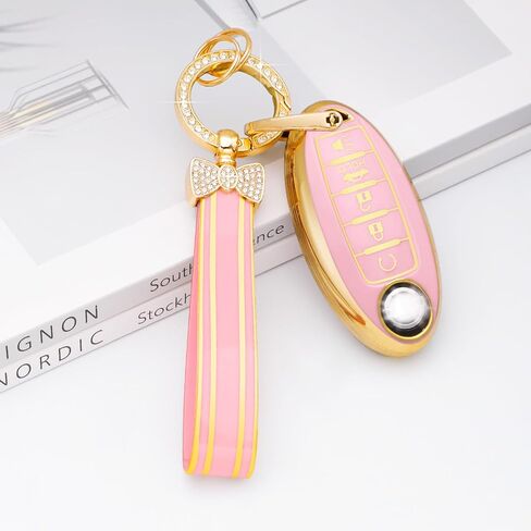 غطاء PIFOOG Key Fob لنيسان 5 أزرار باللون الأرجواني مع سلسلة مفاتيح بلينغ جرلي لمفاتيح السيارة غطاء كامل أغطية حماية ملحقات لألتيما سينترا روج ماكسيما أرمادا مورانو باثفايندر فيرسا تي بي يو للنساء in Kuwait
