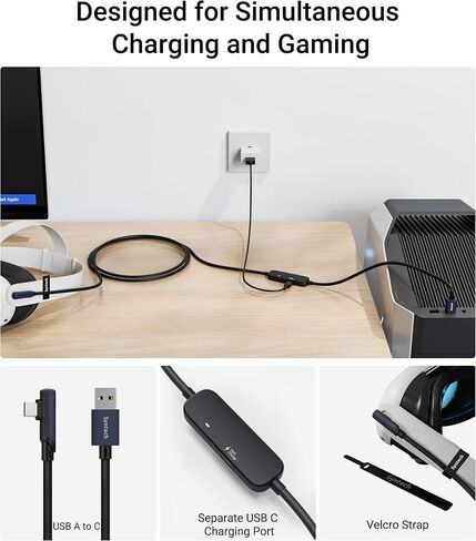 Syntech Link Cable 16FT with Charging, Compatible with Meta Quest 3/Oculus Quest 2 Accessories, VR Link Cable with Separate Charging Port, USB 3.0 to Type C Cord Light for PC/SteamVR, Black in Saudi Arabia