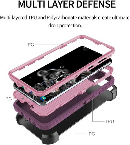 Case with Belt-Clip Holster for Galaxy S21 Drop Full Body Rugged Shock Dust Proof Military Protective Armour Phone Cover Heavy Duty (Purple Red/Light Pink) in Saudi Arabia