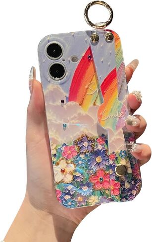 حافظة لهاتف iPhone 16 Pro Max مقاس 6.9 بوصات مع حزام معصم ومسند لامع بتصميم كرتوني لطيف لامع وناعم ومتين ومقاوم للصدمات للفتيات والنساء - ميني in Saudi Arabia