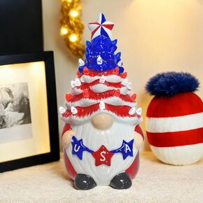 4th of July Gnomes Ornament Pre-lightened Ceramic Elf Gnome American Stars & Stripes Design Fourth of July Independence Day Gnomes Decorations for Home Veterans Memorial Day Gift