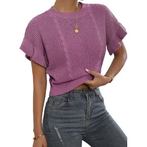 Verdusa Women's Ruffled Short Sleeve Round Neck Knitted Top Pullovers Sweater Red M