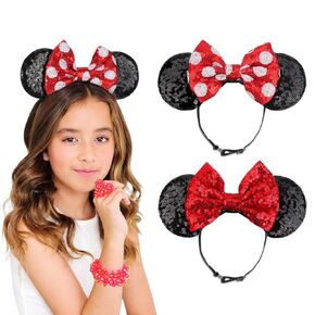 DRESHOW Minnie Ears Headbands Mouse Ears Sequin Bow Headbands Elastic Adjustable Headband Glitter Party Decoration Cosplay Costume for Women Girls