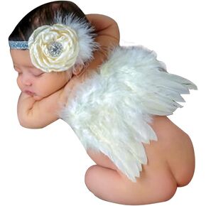 Cute Baby Photography Outfits, Flower Leaf Headband and Feather Wings Costume Set Baby Outfits Newborn Photography for Boys Girls Baby Photography Props