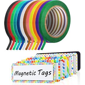 12 Rolls 1/8 Whiteboard Thin Tape with 54 Pcs Magnetic Dry Erase Labels Name Plate Tags Magnetic Name Tags Magnet Labels Pinstriping Tape for Whiteboard School Office Home Supplies(3.2 x 1.2 Inch)