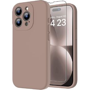 bicol Compatible with iPhone 15 Pro Case with Screen Protector,Enhanced Camera Lens Protection,Soft Liquid Silicone Protective Cover,Slim Fit Protective Phone Case 6.1" Light Brown