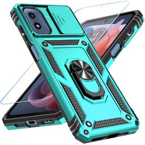 SunRemex for Motorola Moto G Play 2024 Case with HD Screen Protector & Slide Camera Cover & Rotated Ring Kickstand, [2 in 1] Heavy Duty Shockproof Phone Case for Moto G Play 2024 4G (Blue)