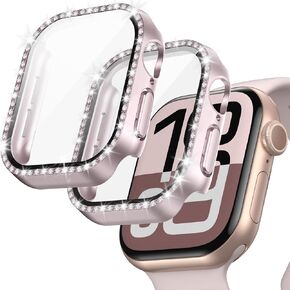 JZK 2-Pack Bling Case with Tempered Glass for Apple Watch Series 10 46mm Screen Protector,Women Glitter Diamond Rhinestone Bumper Crystal Cover for iWatch 10 46mm Accessories,Rose Gold+Starlight