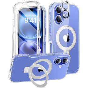 for iPhone 16 Plus Case, Built-in Screen Protector & Seamless Stand, with Camera Lens Protector, Strong Magnetic Clear Phone Case, [Anti-Yellowing] Full Protective Cover for 6.7 Inch (Clear)