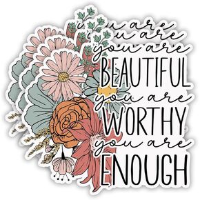 (3 pcs) You are Beautiful Worthy Enough Motivational Sticker for Tumbler Funny Sarcastic Phrase Inspirational Quote Vinyl Decal for Kindle Laptop Water Bottle Phone Hard Hat - 3x2.9