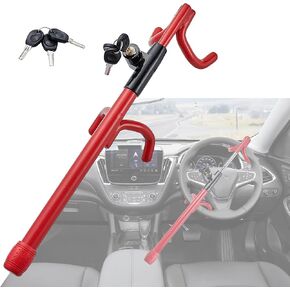 iMonse Steering Wheel Lock Anti-Theft Heavy Duty Secure Car Device, Adjustable Length Clamp Double Hook Locks Universal Fit Red