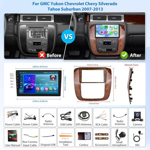 2G 64G Android Stereo Radio Carplay for GMC Yukon Chevrolet Chevy Silverado Tahoe Suburban 2007-2013, Rimoody 9 Inch Touchscreen Android Auto Mirror Link Bluetooth FM/RDS GPS WiFi SWC Backup Camera in Saudi Arabia