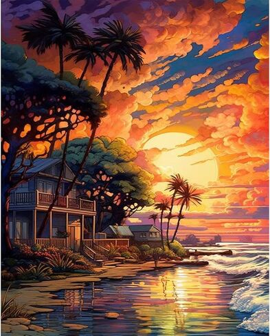 Beach Paint by Number for Adults-Sunset Paint by Numbers for Adults Beginner,Landscape Paint by Numbers for Gift Home Wall Decor(Beach,16x20 inch) in Kuwait