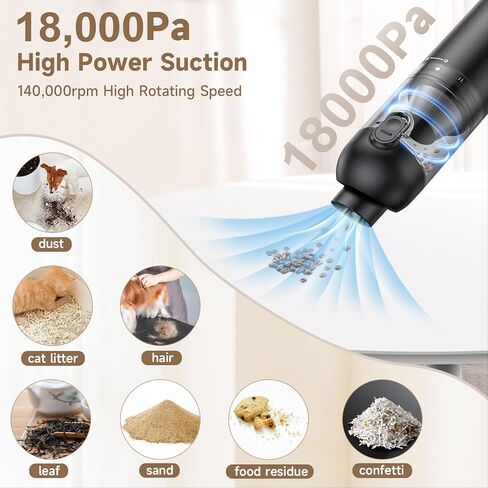 KIKIMO للمكنسة الكهربائية Tesla، مكنسة كهربائية صغيرة محمولة لاسلكية قابلة لإعادة الشحن، قوة عالية 120 فولت/18000 باسكال، مضخة نفخ هواء محمولة لتفريغ الغبار للسيارة والمنزل والحيوانات الأليفة in Kuwait