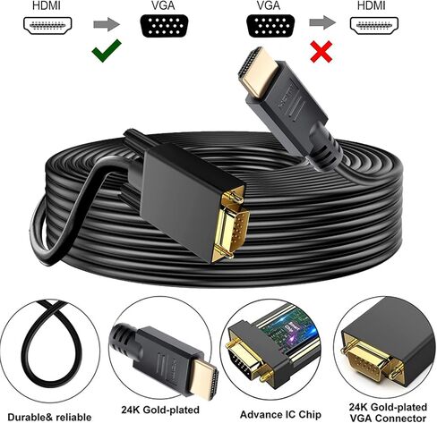 YOTETION HDMI to VGA 40Ft Cable with Audio, Directional HDMI (Source) to VGA (Display) Cable (Male to Male) Compatible for Computer, Desktop, Laptop, PC, Monitor, Projector, HDTV, Roku, Xbox in Kuwait