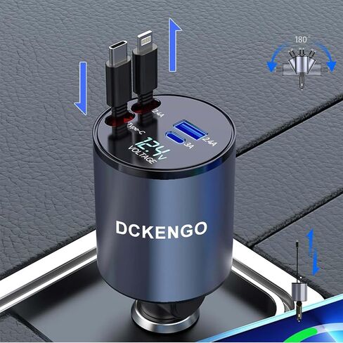 Retractable Car Charger 120W, DCKENGO 4 in 1 Super Fast Phone Car Charger, Retractable Cables + 2 USB Ports Car Charger for iPhone 15/14/13/12/11 Pro (Round Retractable Car Charger) in Saudi Arabia