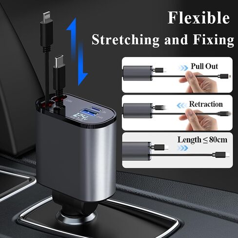 Retractable Car Charger 120W, DCKENGO 4 in 1 Super Fast Phone Car Charger, Retractable Cables + 2 USB Ports Car Charger for iPhone 15/14/13/12/11 Pro (Round Retractable Car Charger) in Saudi Arabia