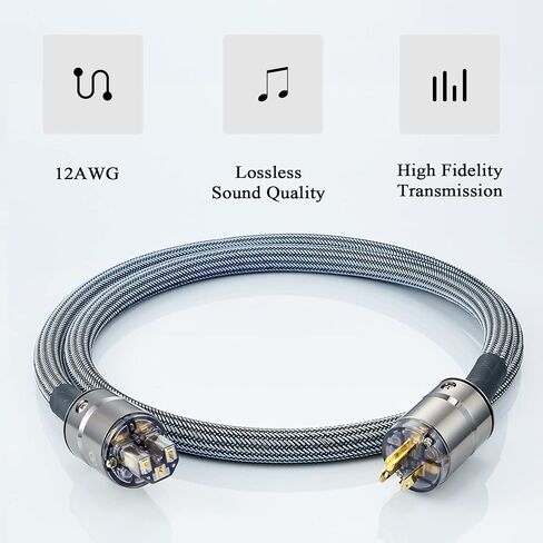 كابل طاقة HiFi سلك طاقة تيار متردد بقابس أمريكي ثلاثي الشقوق، خط طاقة صوتي 12AWG مع أكمام مضفرة لمرشح الطاقة، القرص الدوار، مكبر الصوت، مشغل الأقراص المضغوطة، قابس ذهبي اللون، 5أقدام/ 1.5 متر in Kuwait
