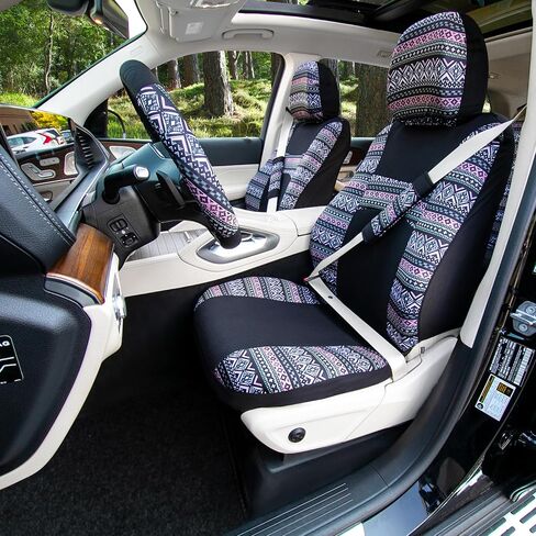 FH Group Car Seat Covers Full Set Plaid Print Cloth - Universal Fit Automotive Seat Covers, Low Back Front Seat Covers, Solid Back Seat Cover, Washable Car Seat Cover for SUV, Sedan, Van Red in Kuwait