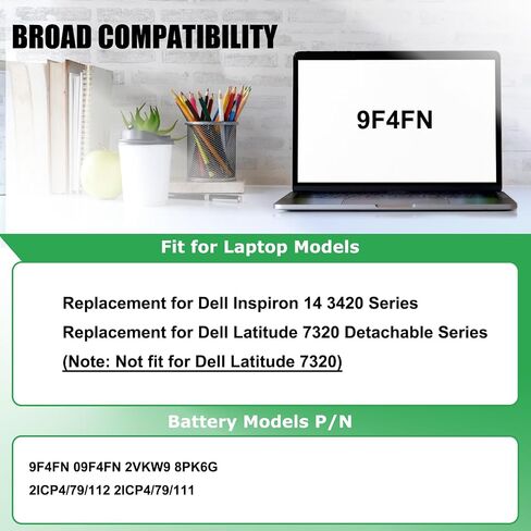 9F4FN بطارية كمبيوتر محمول بديلة لـ Dell Latitude 7320 قابلة للفصل Inspiron 14 3420 Series 09F4FN 2VKW9 8PK6G 7.6V 40Wh 5000mAh in Saudi Arabia