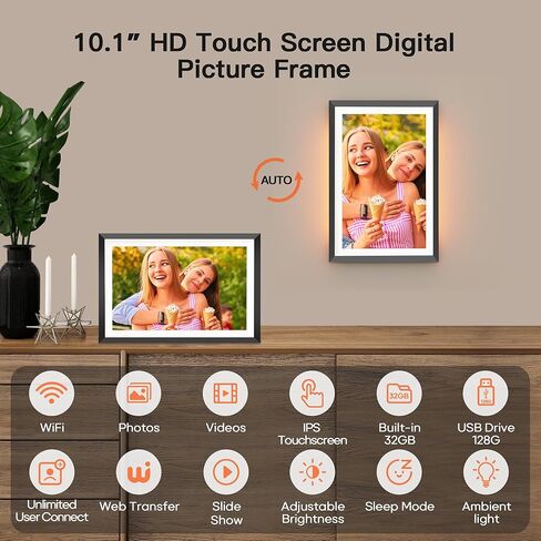 إطار صورة رقمي BIGASUO مقاس 10.1 بوصة سعة 32 جيجابايت مع ضوء LED، وشاشة HD تعمل باللمس، وإطار صور سحابي ذكي WiFi، وعرض شرائح، ودوران تلقائي، ومشاركة فورية للصور ومقاطع الفيديو عبر تطبيق Uhale in Kuwait