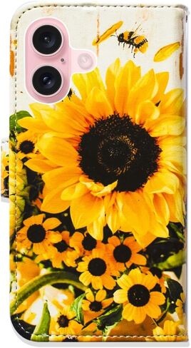 Bcov Case for iPhone 16,Sunflower Bee Flip Phone Case Wallet Cover with Card Slot Holder Kickstand Case for Apple iPhone 16 in Kuwait