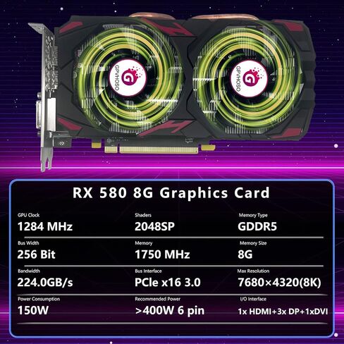 RX 580 8GB Graphics Card, 2048SP 1289MHz GDDR5 256bit Radeon RX580 AMD GPU Video Card with Dual Cooling Fan, HDMI, 3*DP, DVI-Output, 8K PCIE 3.0 Computer Graphics Card for Gaming PC in Saudi Arabia