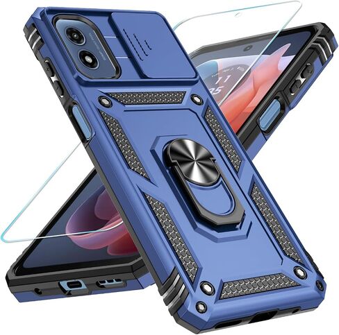 SunRemex for Motorola Moto G Play 2024 Case with HD Screen Protector & Slide Camera Cover & Rotated Ring Kickstand, [2 in 1] Heavy Duty Shockproof Phone Case for Moto G Play 2024 4G (Blue) in Saudi Arabia